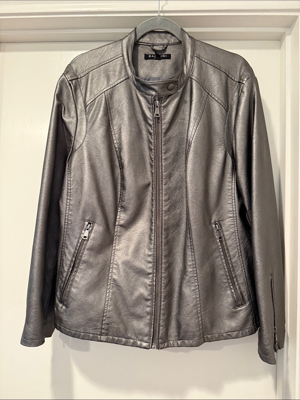 Baccini Women's Metallic Silver Bomber Zip-Front Jacket